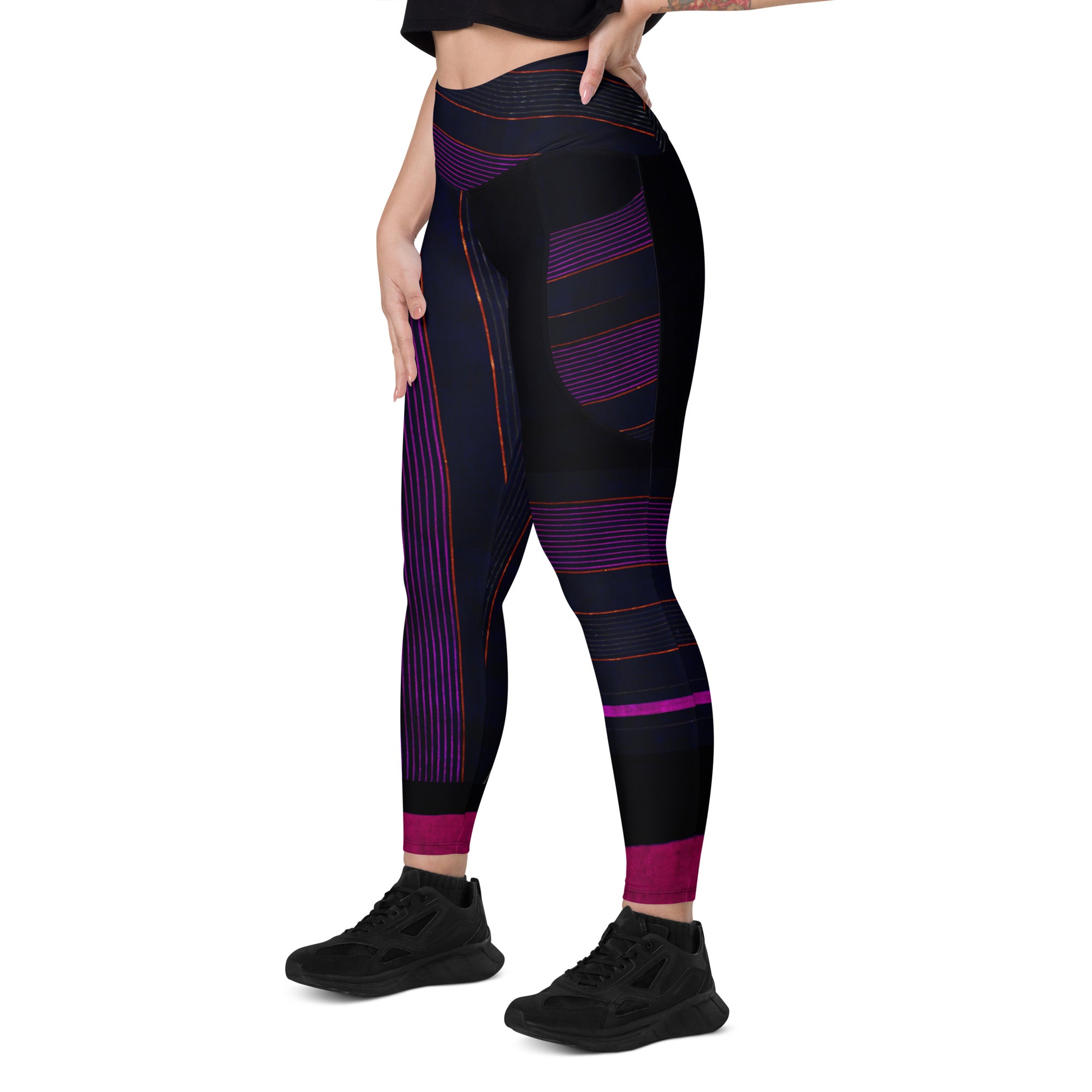 Black Gym Leggings with Pockets. Purple Pin Stripes Dance Leggings. Crossover Waist Yoga Pants. "Peppermint" by WickedYo.